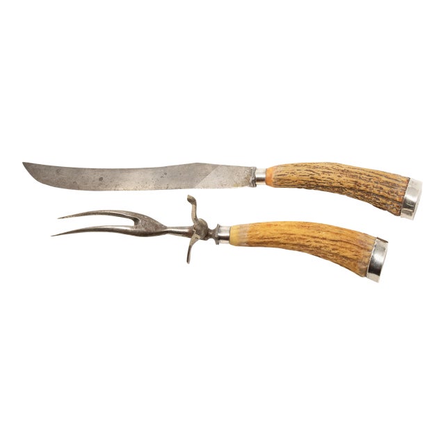 Mid 20th Century Sterling Silver and Antler Handle Carving Set- 2 Pieces For Sale