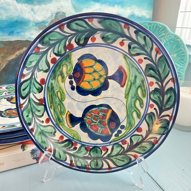 Hand-Painted Mexican Talavero Fish Plates - Set of 4 For Sale - Image 4 of 8