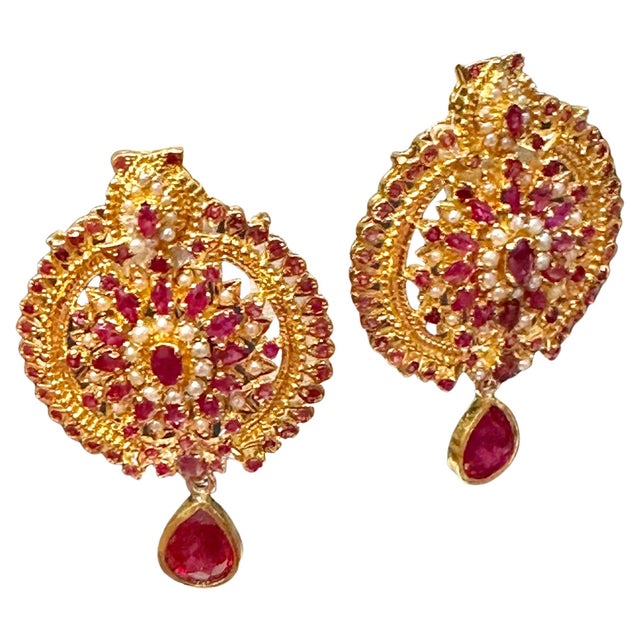 22 Karat Gold Ruby & Natural Pearl Yellow Gold Circle Stud Earring, Hanging Ruby For Sale - Image 15 of 18