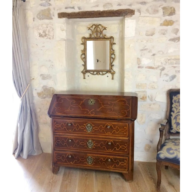 18th Century Italian Baroque Inlaid Walnut Drop-Front Secretary Desk / Commode, Antique Italian Inlaid Walnut Bureau,...