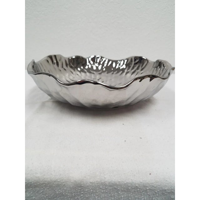 Large Salad Bowl Set With Bamboo Servers - Porcelain but Looks Like Silver. Made of high-fired white porcelain accented...