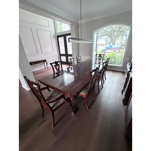 Brown Chippendale Mahogany Dining Set – Table, 8 Carved Chairs & Extension Leaves For Sale - Image 8 of 11