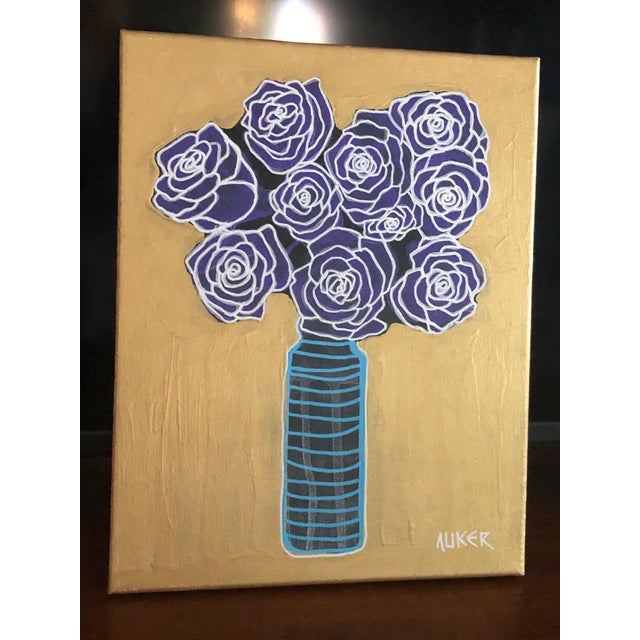 Original Painting on Canvas by CL Auker “Purple Roses on Gold” For Sale - Image 4 of 5