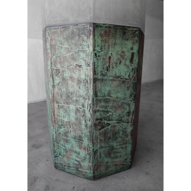 Wood Octagonal Plaster Table Base, Faux Verdigris Copper, Circa 1990s For Sale - Image 7 of 8