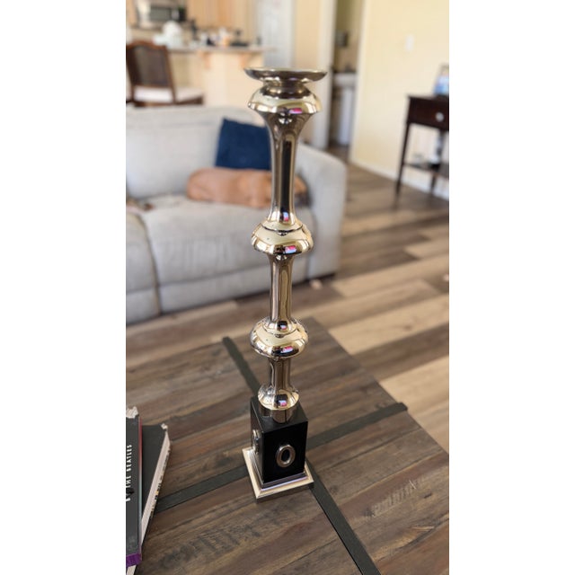 1990s Pair of Global Views Polished Nickel Sculptural Candlesticks, 24.5” & 18.5” For Sale - Image 5 of 11