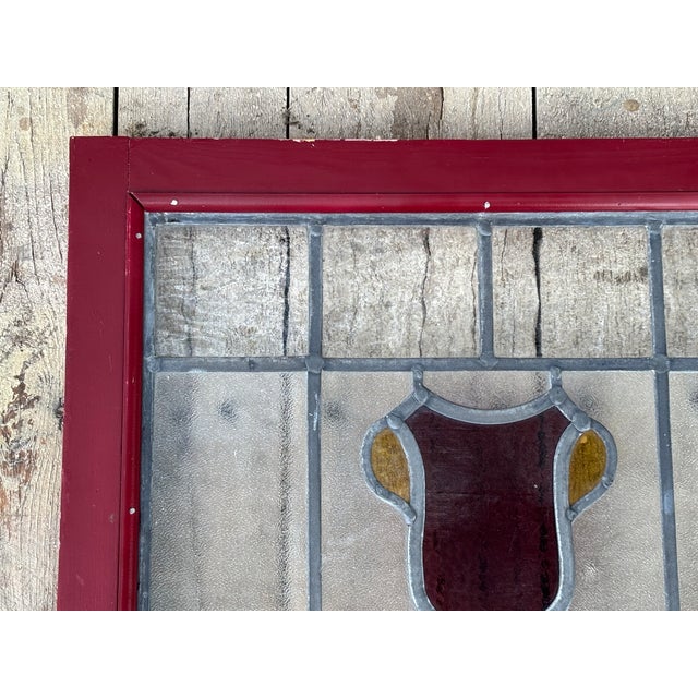 Wood Early 20th C. Stained Glass Window - Shield / Crest in Wine Red and Old Gold For Sale - Image 7 of 13