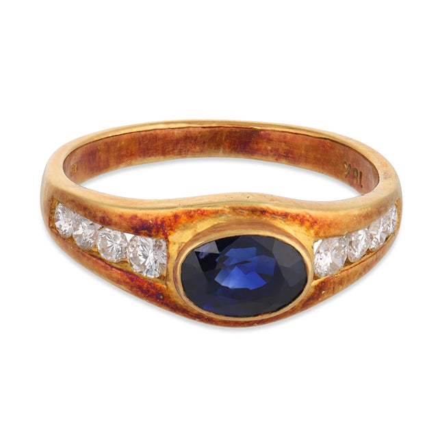 Contemporary Vintage Sapphire Diamond 18k Yellow Gold Ring, Size 4.25 For Sale - Image 3 of 6