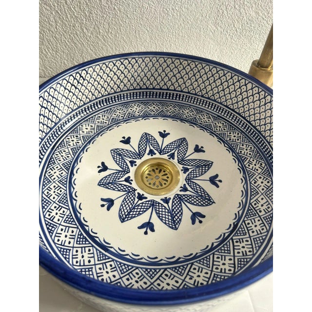 Navy Blue Navy Blue Vessel Sink for Bathroom, Handmade Ceramic Basin With Brass Drain For Sale - Image 8 of 8