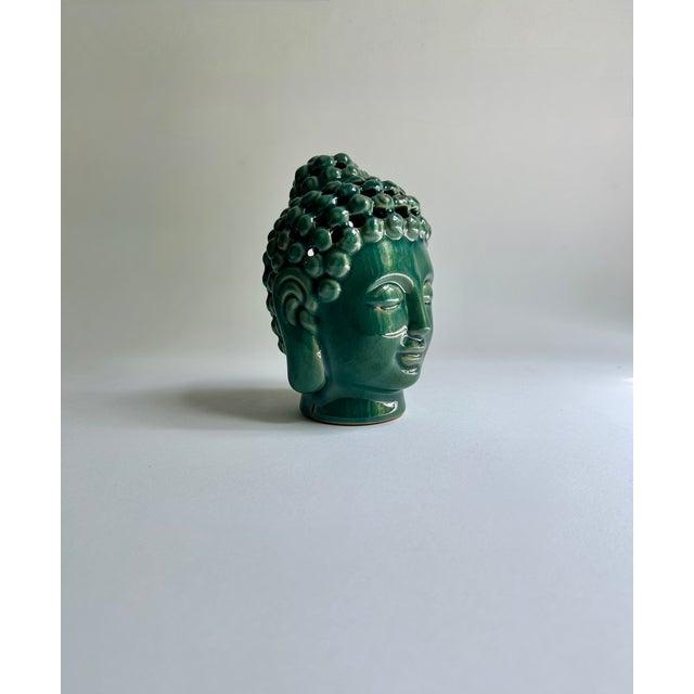 Mid-Century Modern Vintage Pierced Glossy Green Glazed Ceramic Buddha Head For Sale - Image 3 of 16