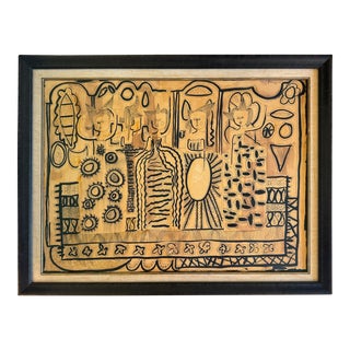 Leather Framed Drawing of Abstract Figures For Sale