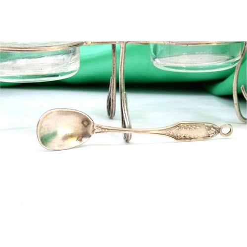 Glass Salt and Pepper Shakers with Silver Frame and Spoon, Set of 4 For Sale - Image 4 of 5