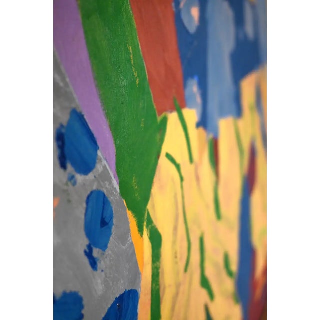A vibrant abstract oil on canvas. Colorful with ambiguous shapes in bright yellows, blues, and greens, that leave the...