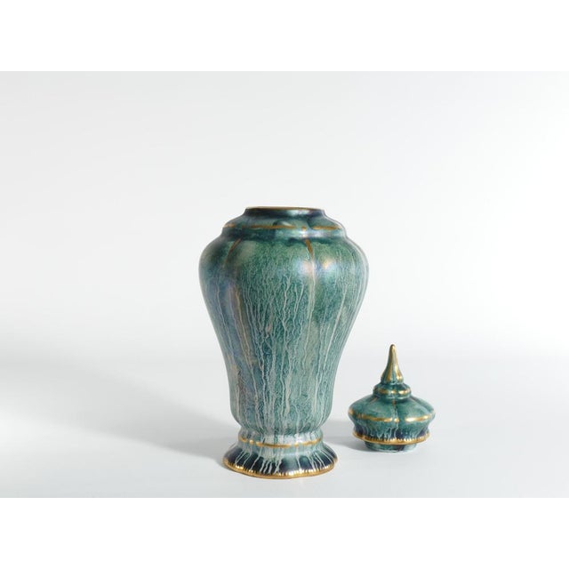 Gold Art Deco Green Lustre Glaze Lidded Vase by Josef Ekberg for Gustavsberg, 1920s For Sale - Image 8 of 17