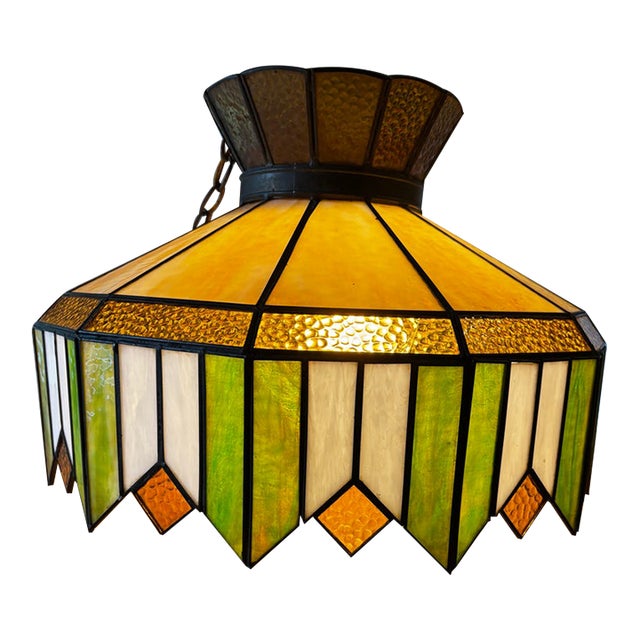 Vintage Glass Swag Light-Amber, Green, Ivory With Metal Trim For Sale