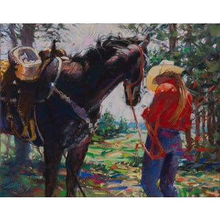 Social Media by Jeff Slemons | Soft pastel on sanded paper of a cowboy with a horse in nature For Sale