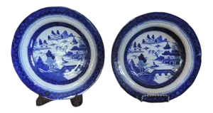 19th Century Chinese Mason's Patent Ironstone Blue & White Canton Pattern Soup Bowls - A Pair