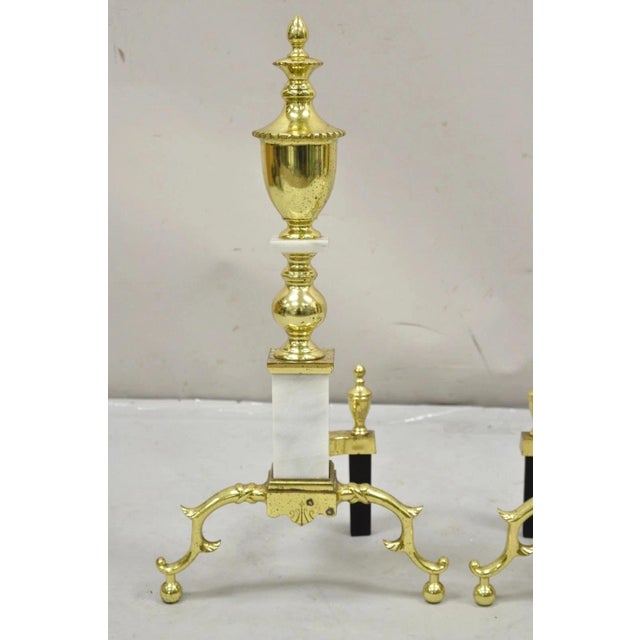 Mid 20th Century Vintage Brass Urn & Marble Federal Style Branch Leg Fireplace Andirons - A Pair For Sale - Image 5 of 11