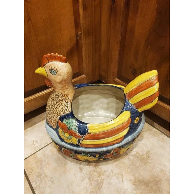 A wonderful and fun vintage handmade Mexican Folk Art Talavera rooster/hen/chicken ceramic painted planter pot. The...
