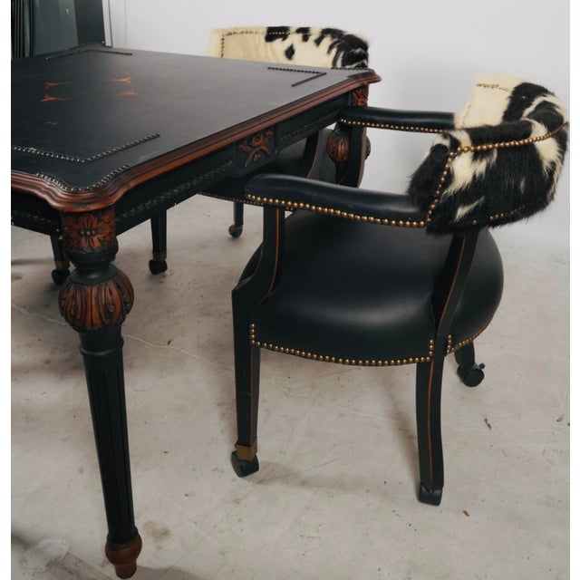 Late 20th Century Hooker Furniture Ebonized Leather Games Table & Four Cowhide Armchairs For Sale In Los Angeles - Image 6 of 17