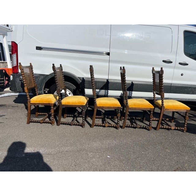 Set of Five Antique Barley Twist Cane-Back Chairs With Golden Yellow Velvet Custom Upholstered Seats For Sale - Image 4 of 9