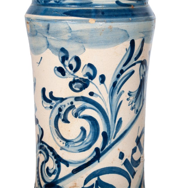 Pair of Antique 17th Century Spanish Blue & White Pottery Albarelli Drug Jars 1680 For Sale - Image 12 of 12