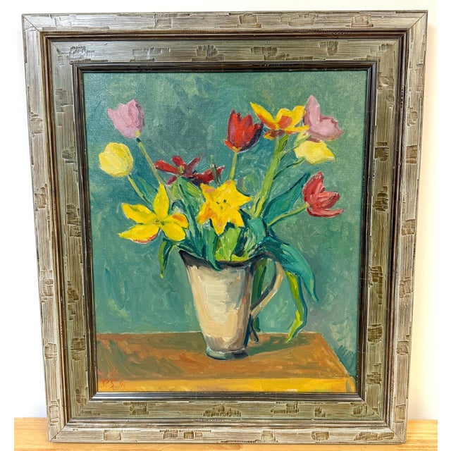 European Modernist Spring Still Life with Daffodils and Tulips, Signed "PS '41," Oil on Canvas Estate of John Loring,...