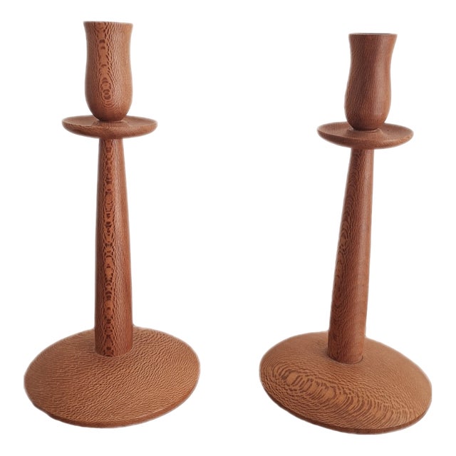 Vintage Scandinavian Turn Wood Candlesticks, 1960s, Set of 2 For Sale