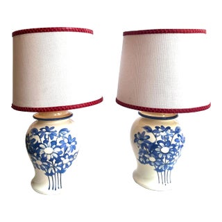 Vintage Boho Chic Hand Painted Blue Floral Table Lamps, a Pair For Sale