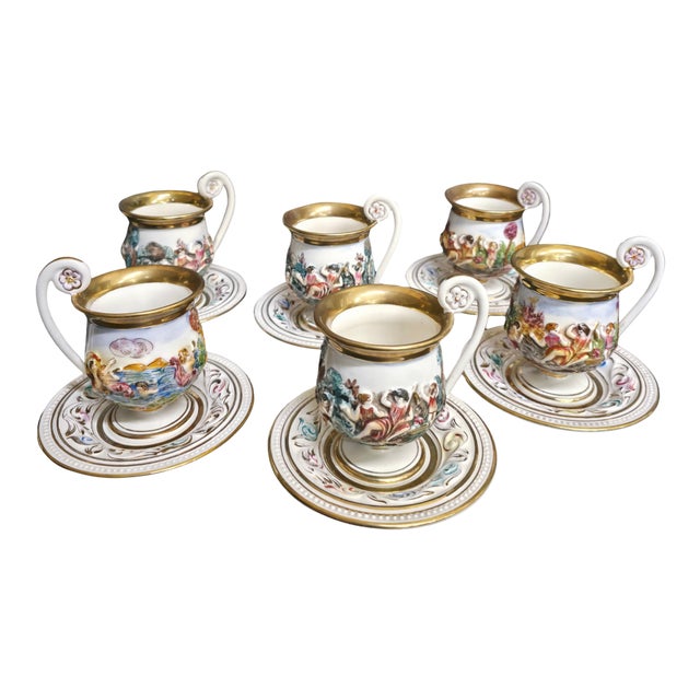 1950s Vintage Porcelain Tea Cup & Saucer Set Hand-Painted White, Gold & Jewel Tones- 12 Pieces For Sale