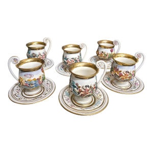 1950s Vintage Porcelain Tea Cup & Saucer Set Hand-Painted White, Gold & Jewel Tones- 12 Pieces