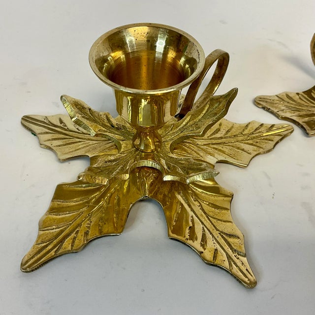 1970s Vintage Traditional Americana Brass Poinsettia Candle Holders - A Pair. For Sale - Image 9 of 12