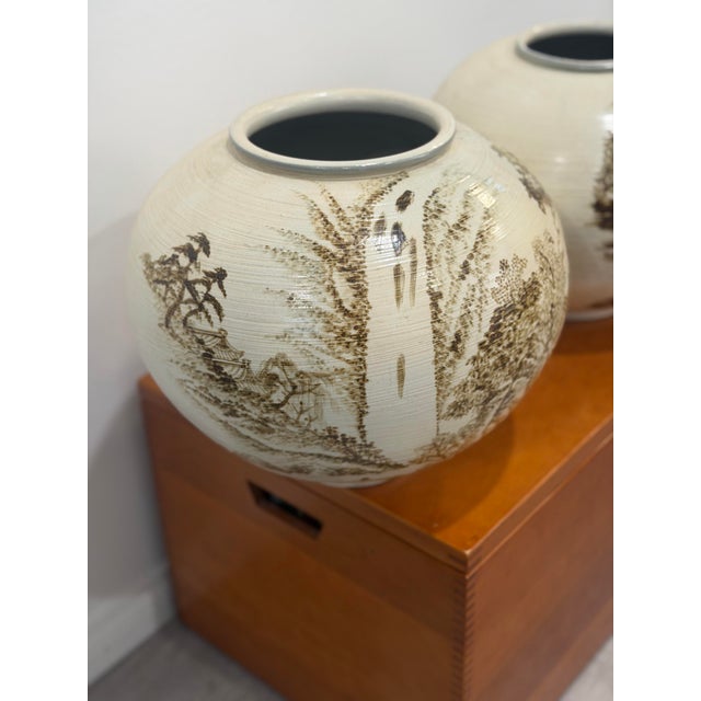 1980s Signed Asian Hand- Painted Scenic Vases | Moon Jars For Sale In Los Angeles - Image 6 of 12