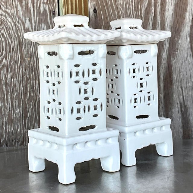 Vintage Asian Glazed Ceramic Pagoda Lanterns - a Pair For Sale In West Palm - Image 6 of 7