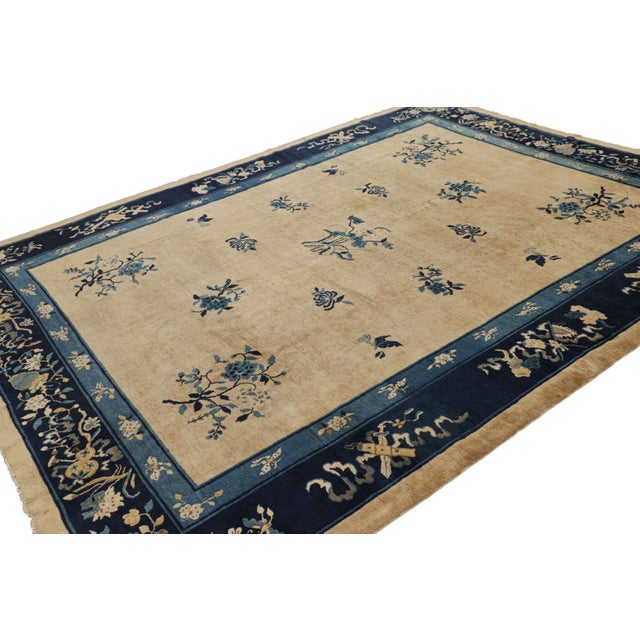 Rug & Kilim Antique Chinese Peking Rug in Beige and Blue With Floral Patterns - Rug & Kilim For Sale - Image 4 of 8