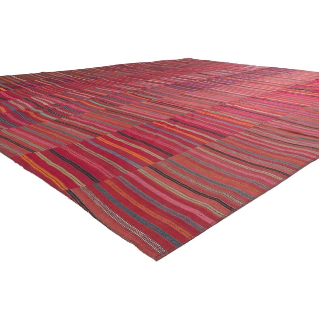 60639 Vintage Turkish Striped Kilim Rug, 11'00 x 13'02. Rugged beauty meets rustic sensibility in this handwoven wool...