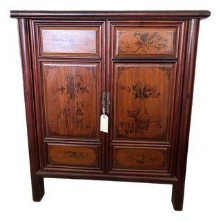 Vintage Two-Tone Chinese Hardwood Accent Cabinet With Hand-Painted Bird & Floral Panels For Sale