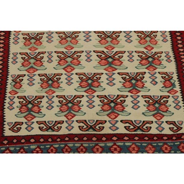 Tribal Vintage Persian Senneh Kilim Rug in Beige With Red, and Green Tribal Patterns For Sale - Image 3 of 6