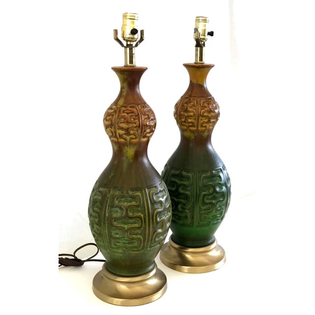 Mid 20th Century Mid Century Modern Green & Amber Ceramic Table Lamps - a Pair For Sale - Image 5 of 9
