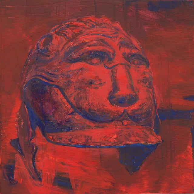 Wild Animal by Elena Burykina | Oil on panel Head of a stylized lion sculpture on a red background. For Sale