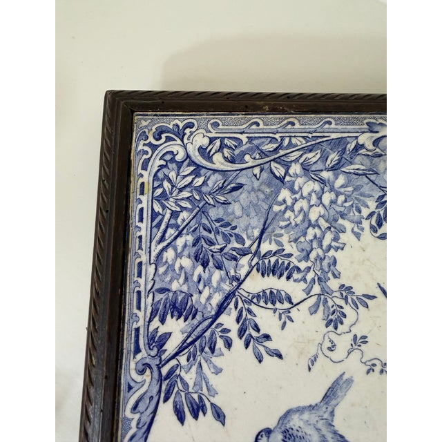 Vintage French Blue & White Faience Tile Trivet in Carved Wood Frame For Sale - Image 11 of 12