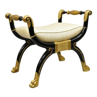 Maitland Smith X-Frame Neoclassical Regency Style Black Gold Curule Bench For Sale