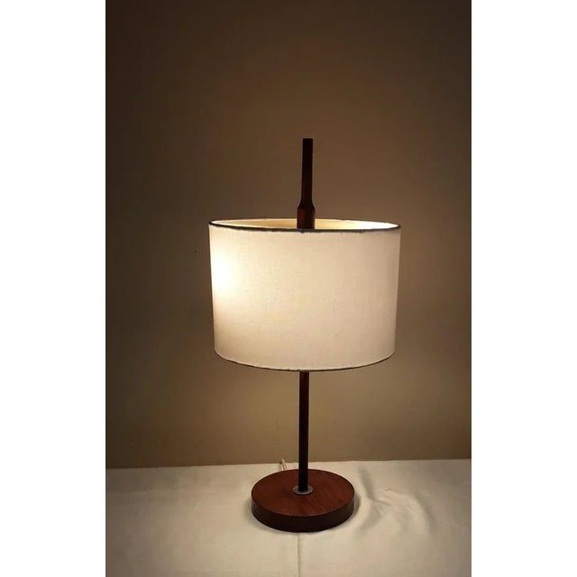 1960s Vintage German 2-Flame Table Lamp with Teak Frame and White Fabric Shade from Temde, 1960s For Sale - Image 5 of 9