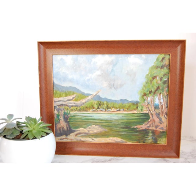 1960s Mid Century Lakeside Landscape Painting Original Oil on Canvas Signed For Sale - Image 5 of 10