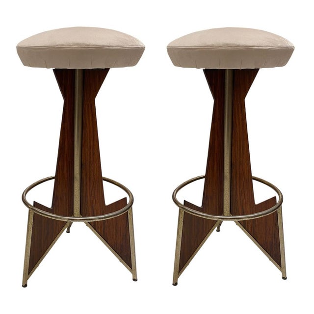 Mid-Century Modern Mid-Century Modern Italian Teak and Rosewood Bar Counter with Shelving and Stools, 1950s, Set of 4 For Sale - Image 3 of 15