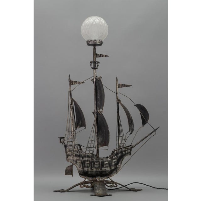 Spanish Wrought Iron and Glass Galleon Sailing Ship Shaped Floor Lamp, 1950s For Sale - Image 6 of 18