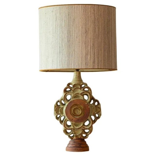 Beige Large Ceramic Table Lamp attributed to B. Rooke with Lampshade attributed to R. Houben, 1970s For Sale - Image 8 of 8