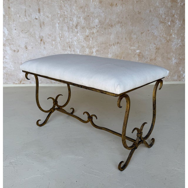 Gold Vintage Mid Century Spanish Gilt Iron Bench With Ornate Base For Sale - Image 8 of 12