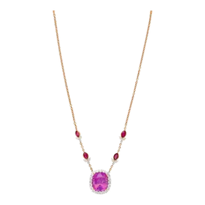 Agl Certified 10.26 Carat Cushion Cut Pink Sapphire, Ruby, & Diamond Necklace