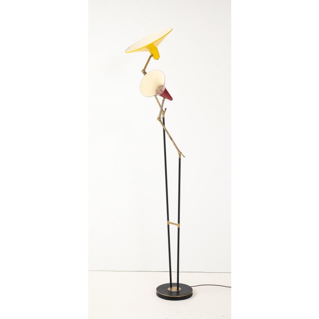 Amazing 1960's mid-century modern brass and iron with enamel shades two arm adjustable floor lamp in the style of...