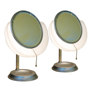 Matched Pair Early Art Deco Streamline Lapeer "Electric Mirror" Halo Chrome Table Vanity Lamps 1920's